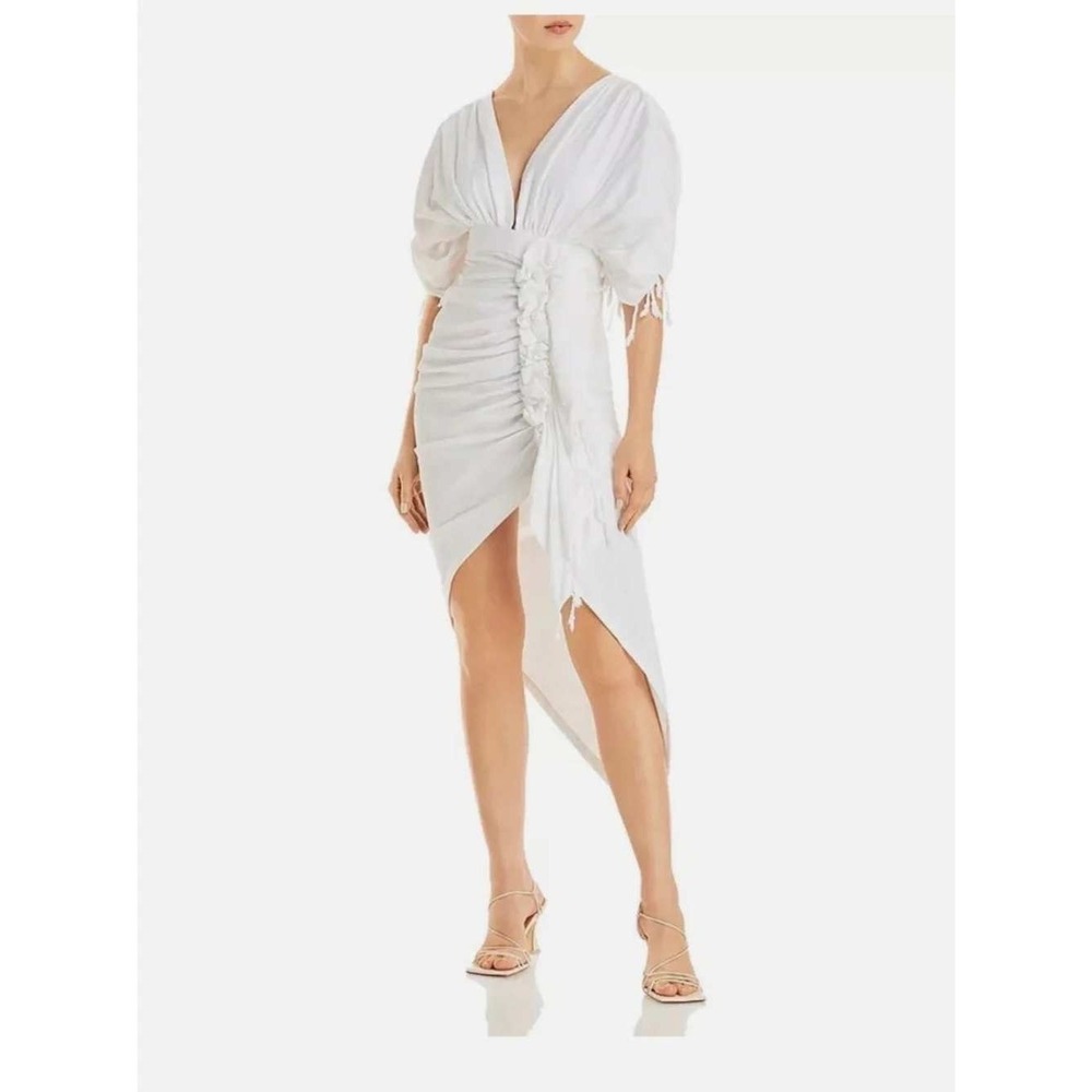 JBQ Just Bee Queen Luma Dress White Cotton Ruched Asymmetrical Fringe Midi M